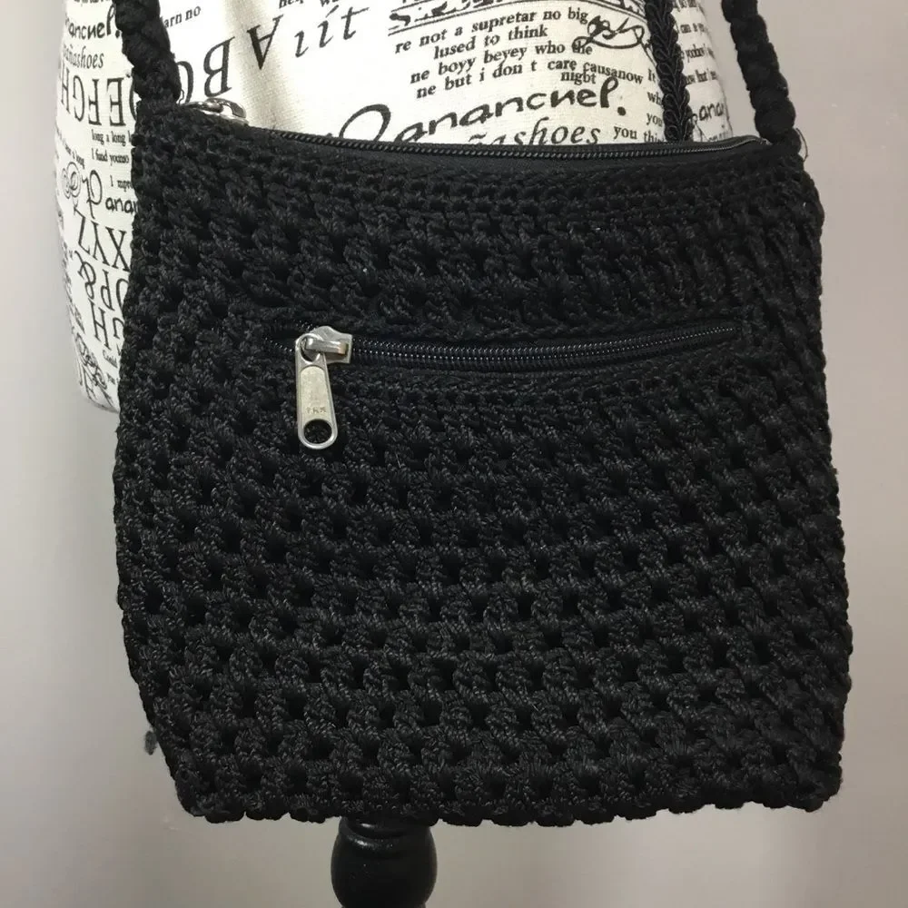 Lina black crochet crossbody or shoulder bag with plaited strap and pockets